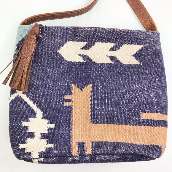 Kilim Purple Blue Tribal Ethnic Rug Design India Leather Strap Shoulder Bag - Picture 3 of 16